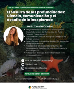 Flyer de la charla de Nadia Cerino sobre conservación del Mar Argentino.